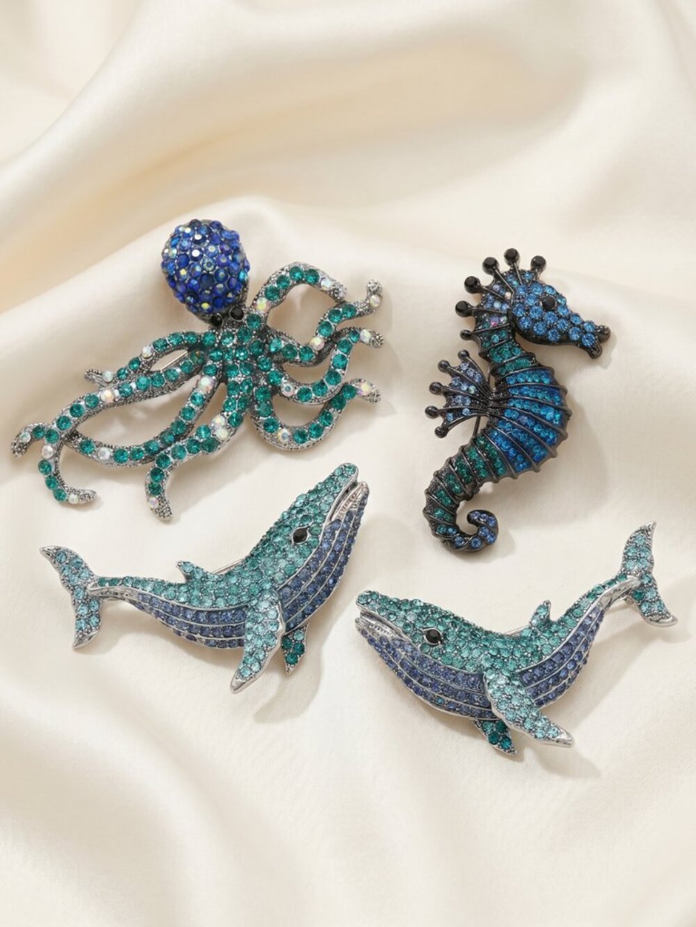 Ocean Animal Brooches Set of 4 Whales Octopus Seahorse Rhinestone